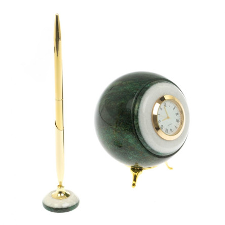 Часы шар и подставка под ручку из змеевика и мрамора