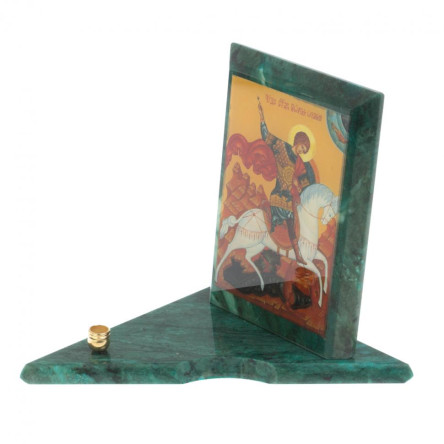 Икона с подсвечником Георгий Победоносец средняя из змеевика 12х12х13 см
