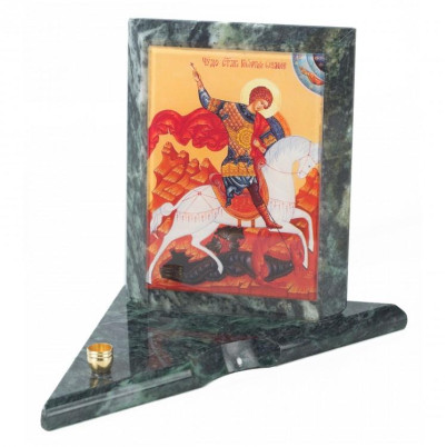 Икона с подсвечником Георгий Победоносец средняя из змеевика 12х12х13 см