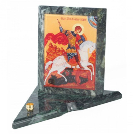 Икона с подсвечником Георгий Победоносец средняя из змеевика 12х12х13 см