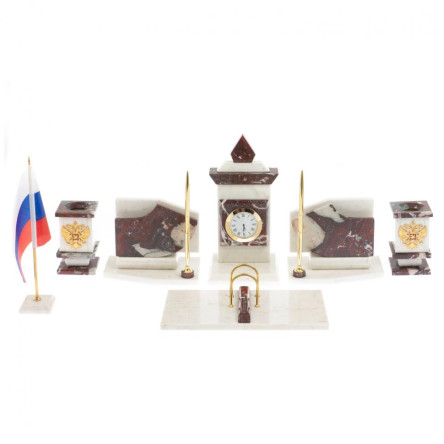 Настольный канцелярский набор с гербом и флагом России камень креноид и белый мрамор
