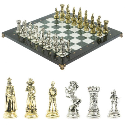 Шахматы "Средневековые рыцари" доска мрамор / змеевик 44х44 см