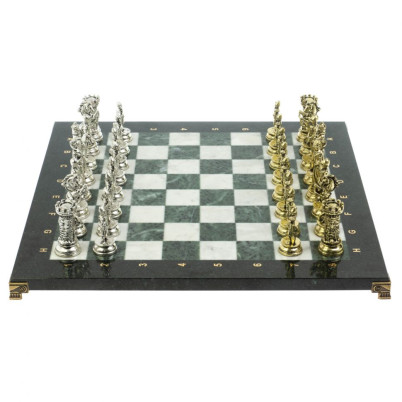 Шахматы "Средневековые рыцари" доска мрамор / змеевик 44х44 см