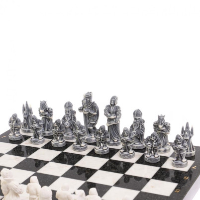 Шахматы "Средневековье" доска 40х40 см белый мрамор змеевик