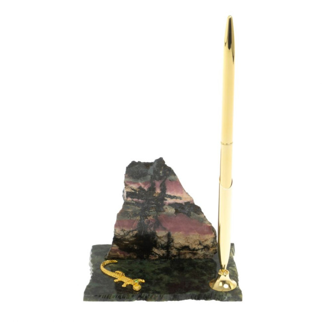 Подставка под ручку &quot;Скала и ящерица&quot; родонит змеевик