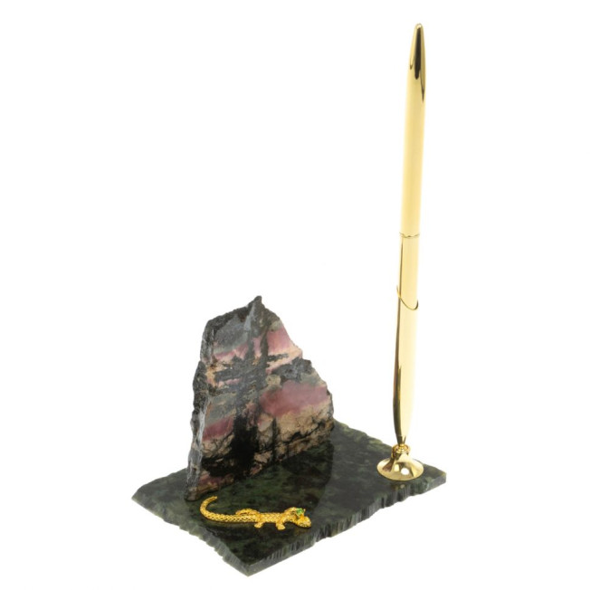 Подставка под ручку &quot;Скала и ящерица&quot; родонит змеевик