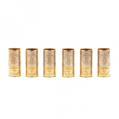 Набор стопок &quot;Герб России&quot; 6 шт в кожаном патронташе Златоуст