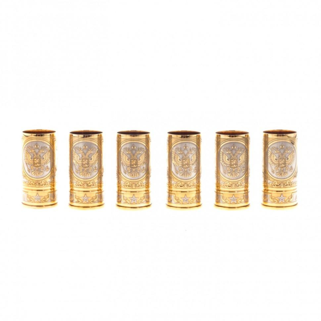 Набор стопок &quot;Герб России&quot; 6 шт в кожаном патронташе Златоуст