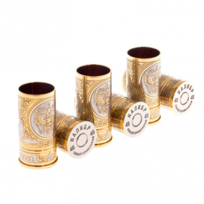 Набор стопок &quot;Герб России&quot; 6 шт в кожаном патронташе Златоуст