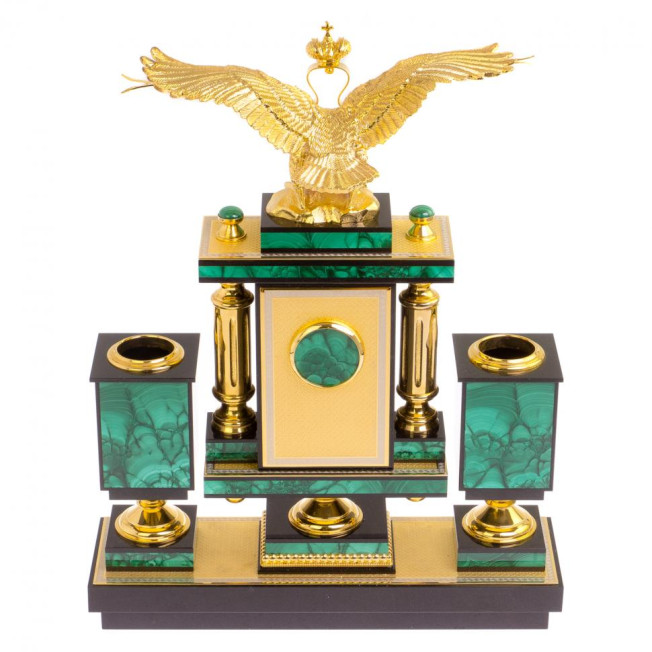Настольный набор "Двуглавый орел" из малахита и долерита