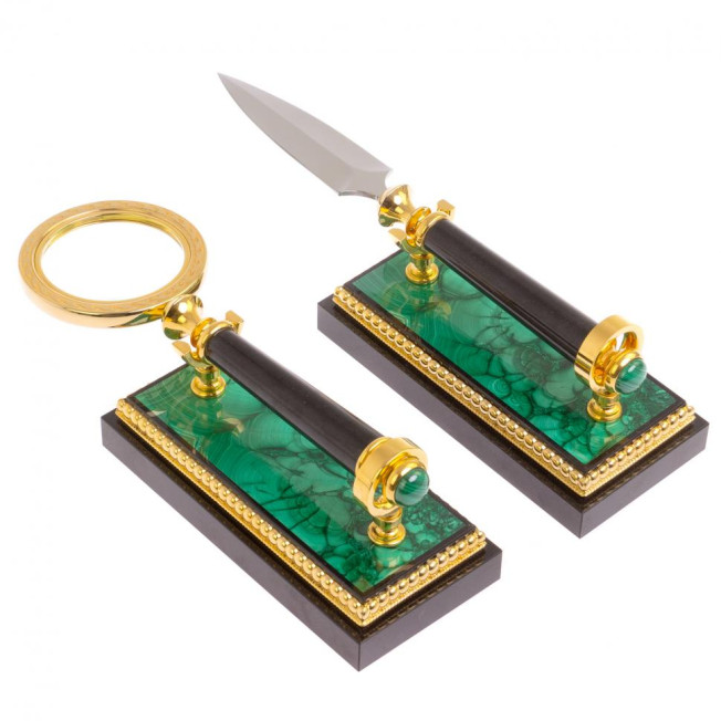 Настольный набор "Двуглавый орел" из малахита и долерита