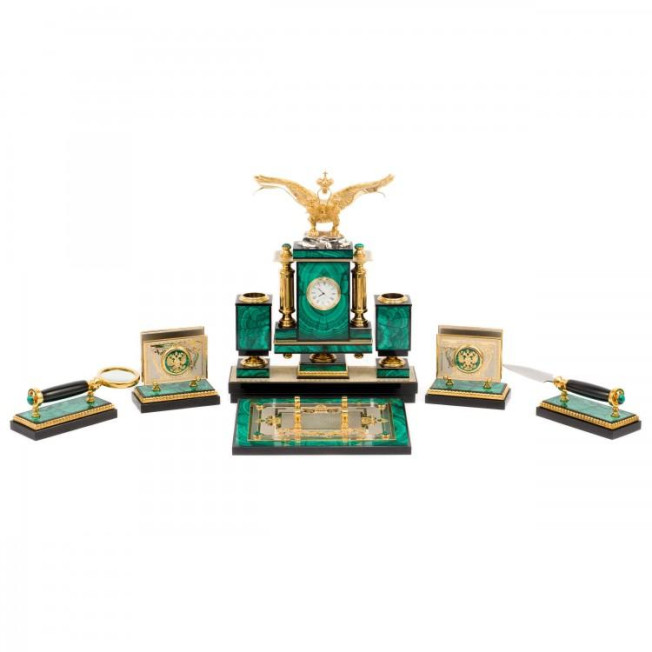 Настольный набор "Двуглавый орел" из малахита и долерита