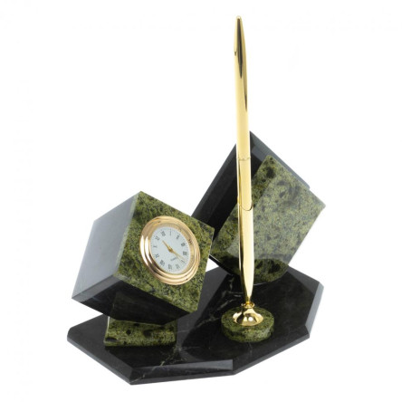 Визитница "Куб" с часами камень змеевик