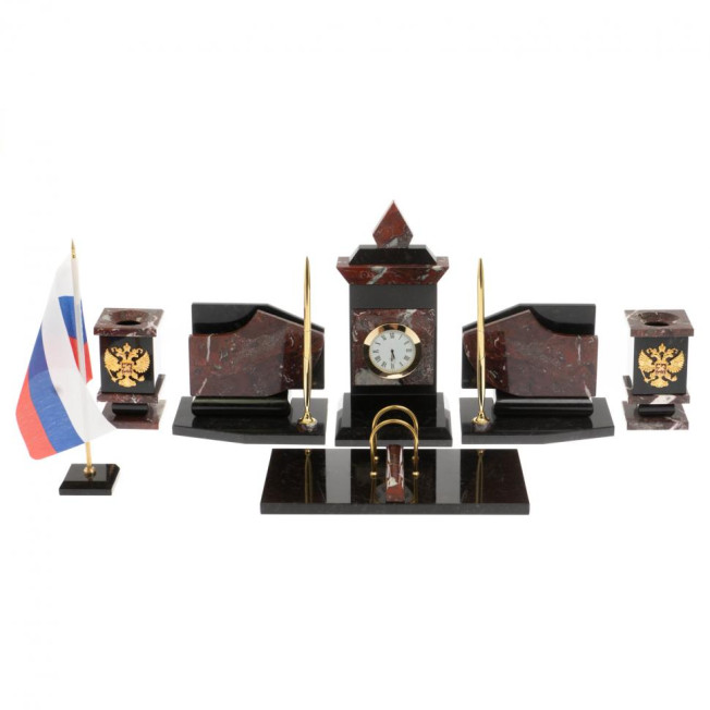 Настольный набор с гербом и флагом России камень креноид змеевик
