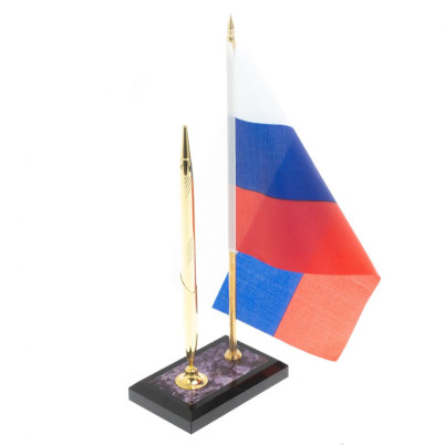 Подставка под ручку с флагом РФ из чароита 10х7х25 см