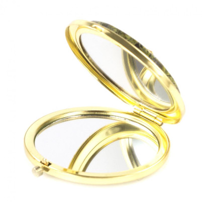 Зеркало карманное круглое с накладкой из змеевика и ящерицей золотистое