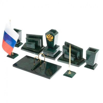 Письменный набор "Бюрократ" камень змеевик с гербом РФ