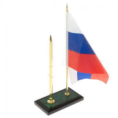 Подставка под ручку с флагом РФ из малахита 9,5х6,5х25 см