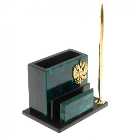 Карандашница с визитницей из темно-зеленого змеевика