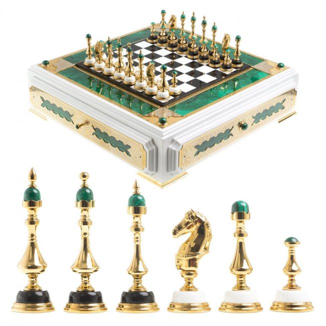 Подарочные шахматы "Элитные" с малахитом Златоуст