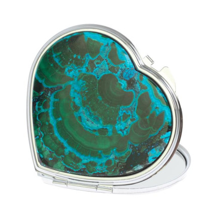 Зеркало карманное "Сердце" из малахита с хризоколлой цвет серебро