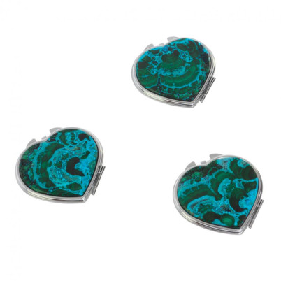 Зеркало карманное &quot;Сердце&quot; из малахита с хризоколлой цвет серебро
