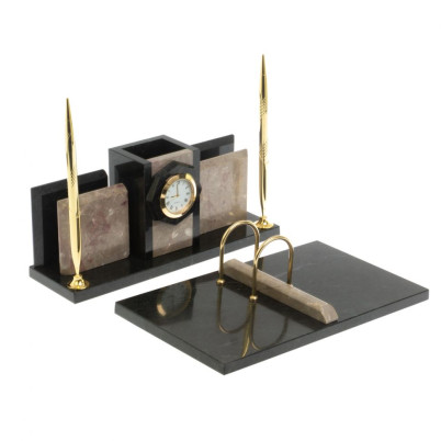Настольный набор &quot;Офисный&quot; с часами из бежевого мрамора