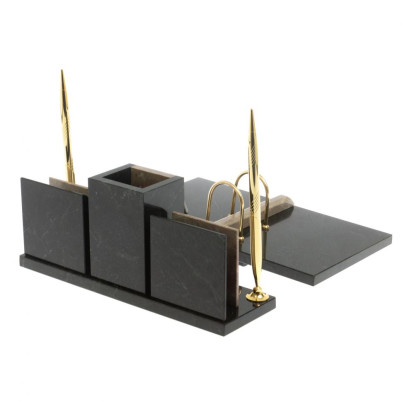 Настольный набор &quot;Офисный&quot; с часами из бежевого мрамора