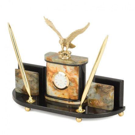 Настольный набор "Гордый орел" из камня офиокальцит с бронзой