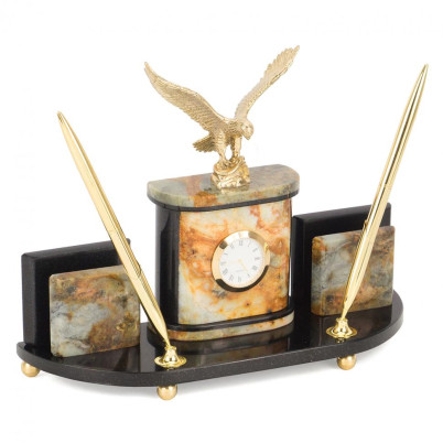 Настольный набор &quot;Гордый орел&quot; из камня офиокальцит с бронзой