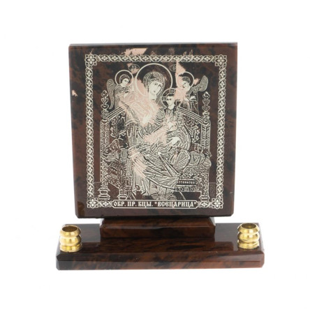 Икона настольная "Всецарица" из обсидиана с подсвечниками