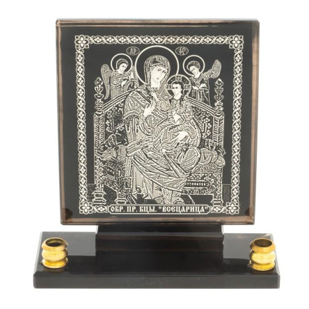 Икона настольная "Всецарица" из обсидиана с подсвечниками