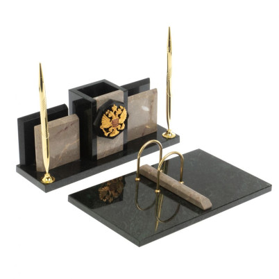 Настольный набор &quot;Офисный&quot; с гербом РФ камень бежевый мрамор