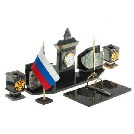 Настольный набор с гербом и флагом России камень офиокальцит