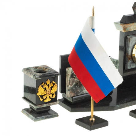 Настольный набор с гербом и флагом России камень офиокальцит
