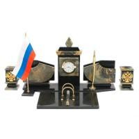 Настольный набор с гербом и флагом России камень офиокальцит