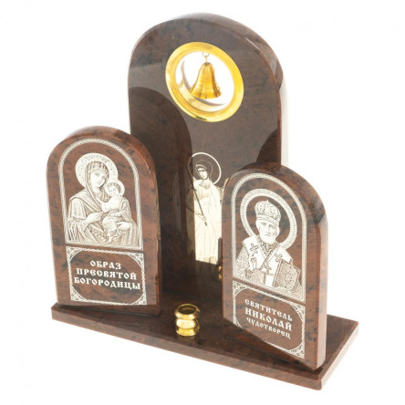 Икона большая триптих "Ангел, Богородица, Николай" камень обсидиан