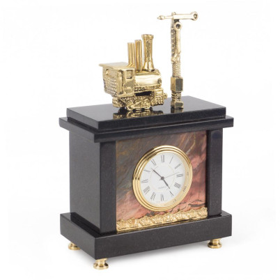 Часы &quot;Паровоз с семафором&quot; камень яшма бронза