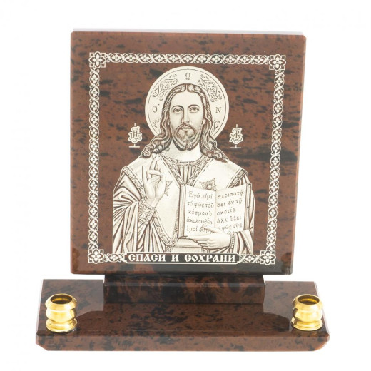 Икона настольная "Спаси и сохрани" из обсидиана с подсвечниками &mdash; 