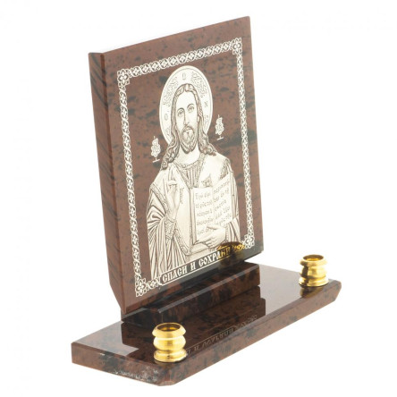 Икона настольная "Спаси и сохрани" из обсидиана с подсвечниками