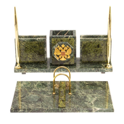 Письменный набор &quot;Офисный&quot; из змеевика с гербом РФ