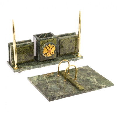 Письменный набор &quot;Офисный&quot; из змеевика с гербом РФ