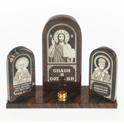 Икона триптих "Спаситель, Матрона, Николай" камень обсидиан