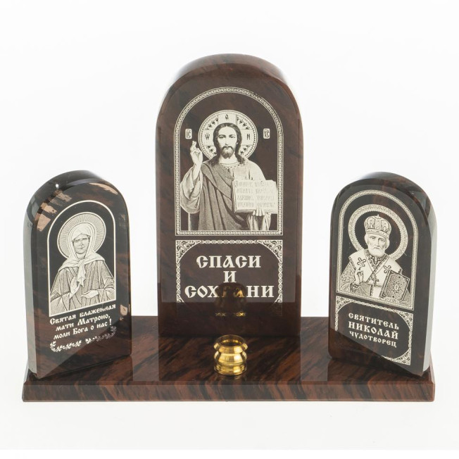 Икона триптих "Спаситель, Матрона, Николай" камень обсидиан