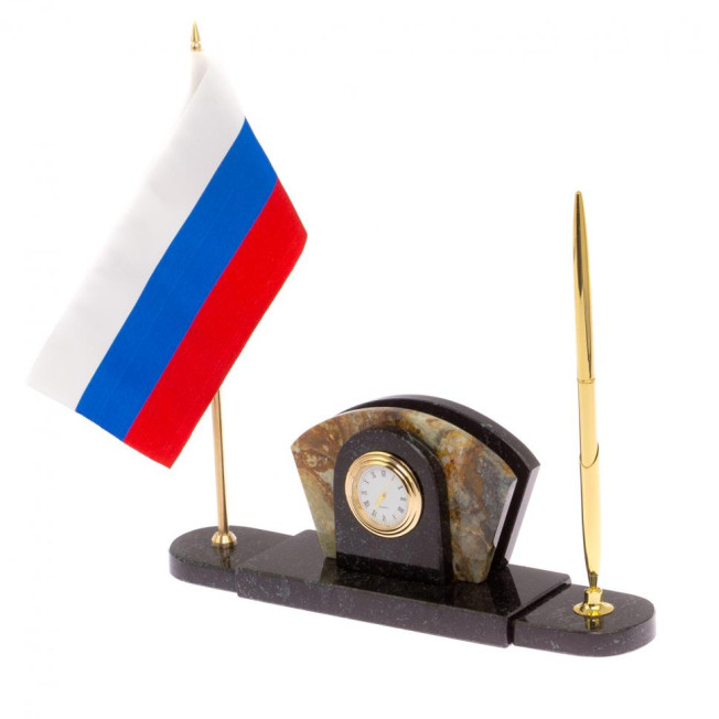 Визитница с часами и флагом России камень офиокальцит