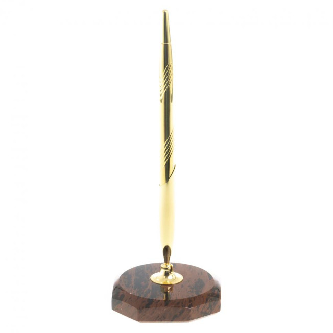 Ручка металлическая на восьмиугольной подставке из коричневого обсидиана 7х7х20 см