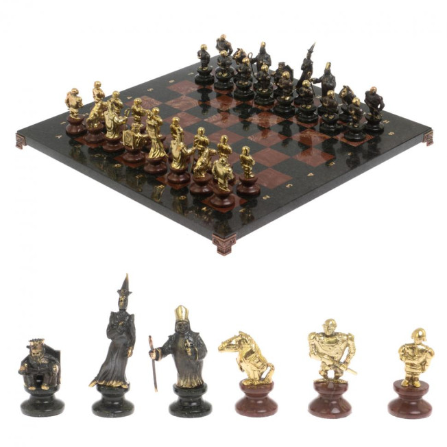 Шахматы подарочные "Европейские" из камня и бронзы 44х44 см