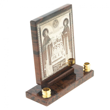 Икона настольная "Св. Петр и Св. Феврония" из обсидиана с подсвечниками