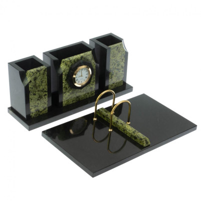 Настольный набор &quot;Грани&quot; камень змеевик с часами