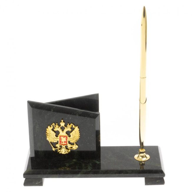Визитница настольная с гербом РФ &quot;Мини 3&quot; камень змеевик